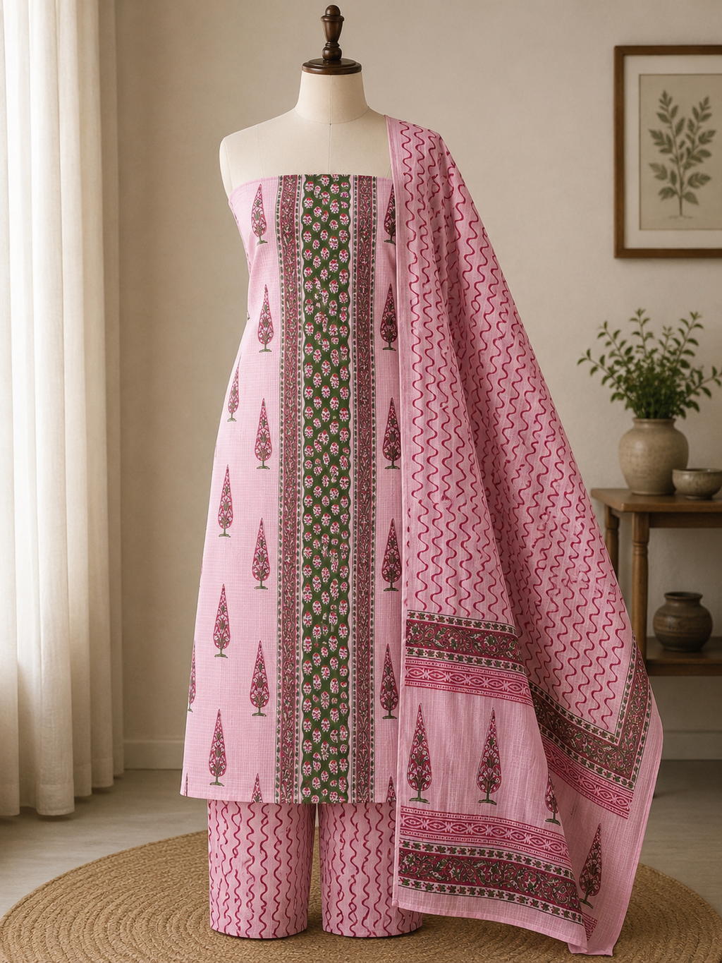 Hand Block Printed Unstitched Cotton Suit Set with Dupatta – Pink