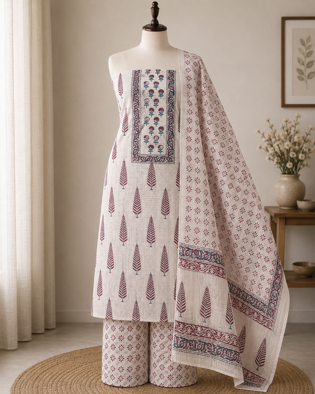 Off White & Maroon Hand Block Printed Cotton Unstitched Suit Set