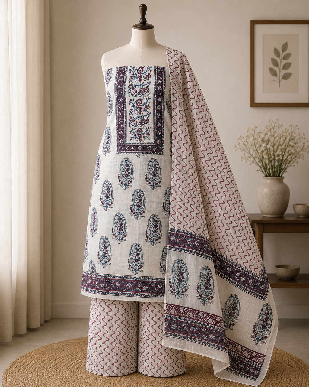 Off White Paisley Hand Block Cotton Unstitched Suit Set