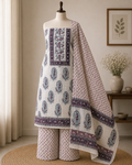 Off White Paisley Hand Block Cotton Unstitched Suit Set