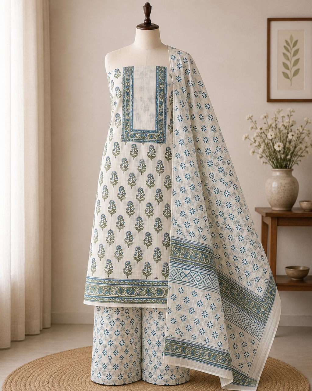 Blue Floral Hand Block Cotton Unstitched Suit Set