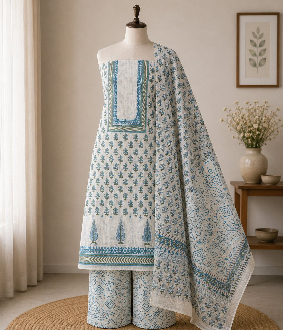 Blue Floral Hand Block Cotton Unstitched Suit Set | Women's Ethnic Wear