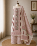 Cream Red Hand Block Cotton Unstitched Suit Set | Floral Print