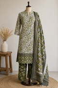 Olive Green Floral Printed Cotton Unstitched Suit with Cotton Dupatta