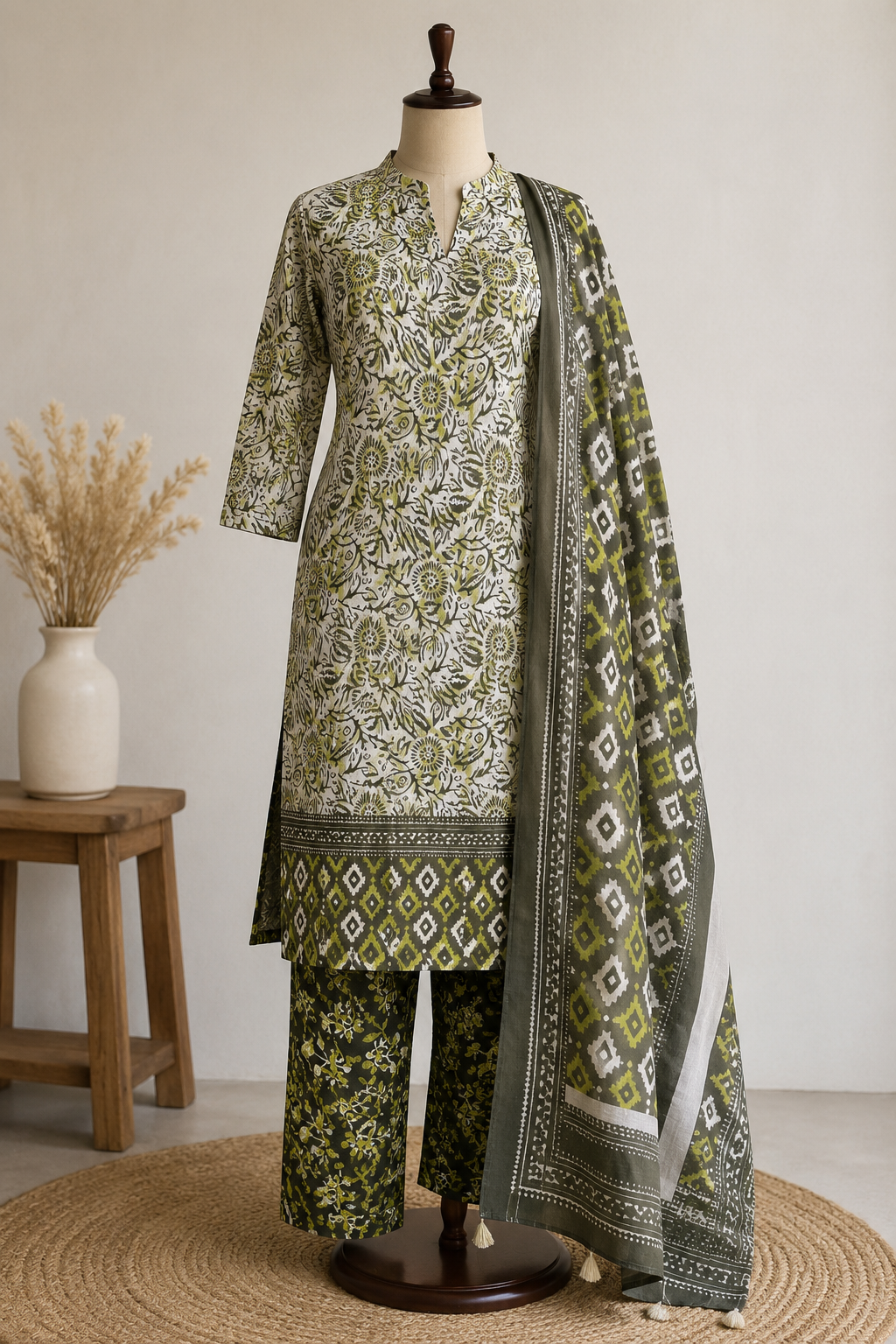 Olive Green Floral Printed Cotton Unstitched Suit with Cotton Dupatta