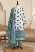 Elegant Blue Floral Hand Block Print Cotton Unstitched Suit with Dupatta