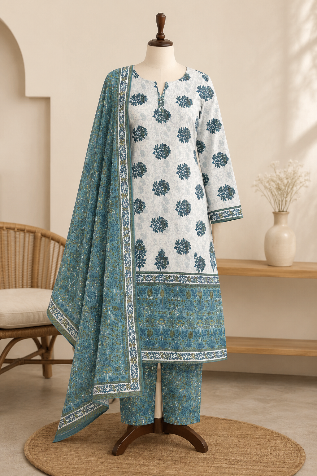 Elegant Blue Floral Hand Block Print Cotton Unstitched Suit with Dupatta