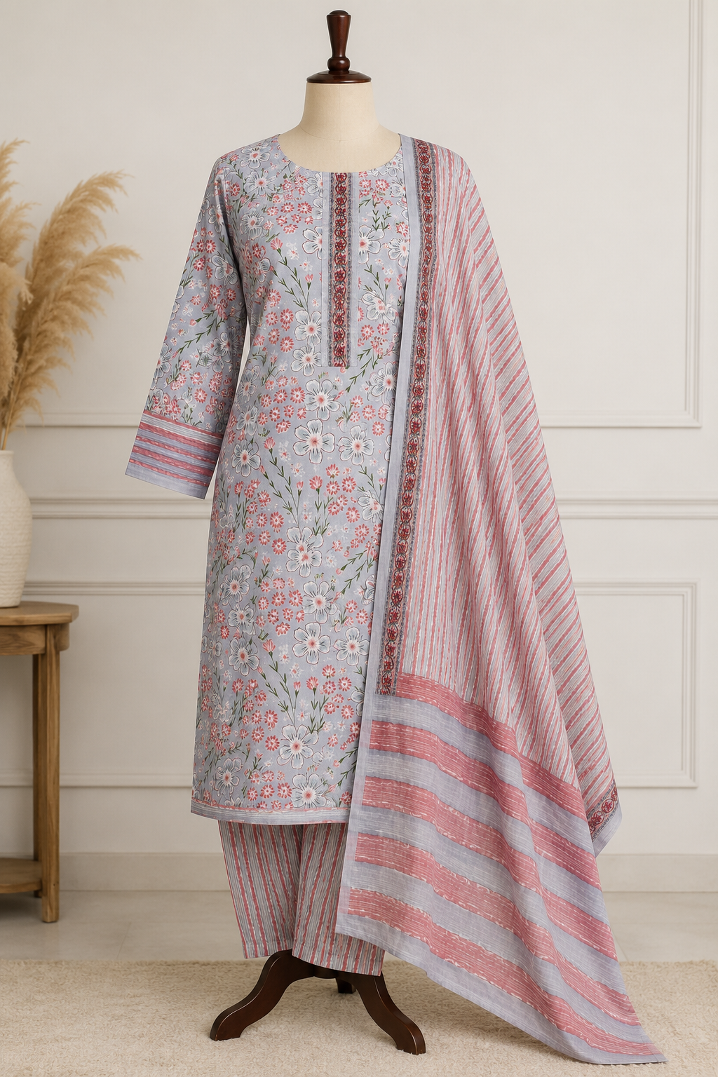 Elegant Grey & Pink Floral Cotton Unstitched Suit Set with Striped Dupatta