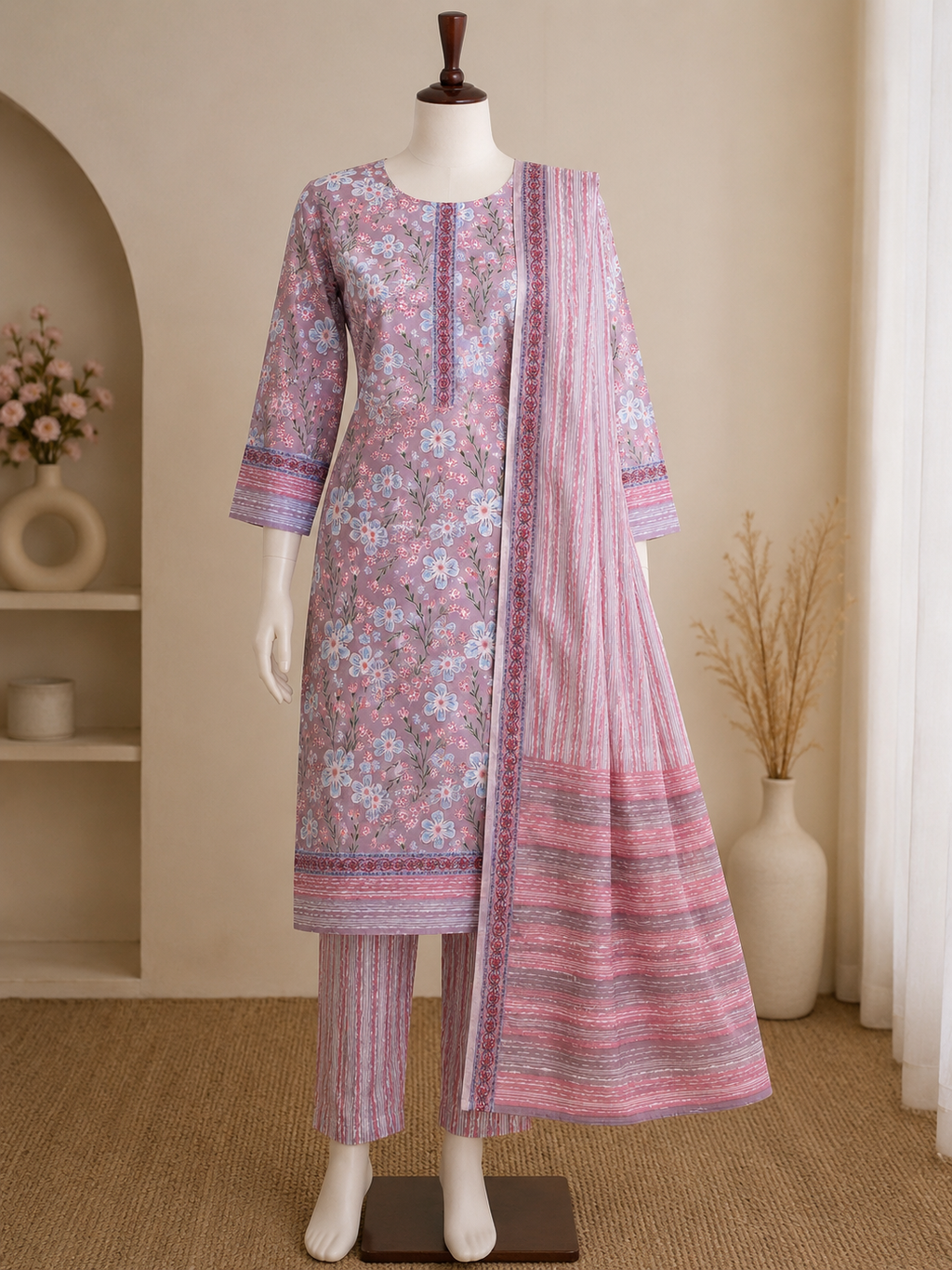 Elegant Pink Floral Cotton Unstitched Suit Set with Striped Bottom & Dupatta