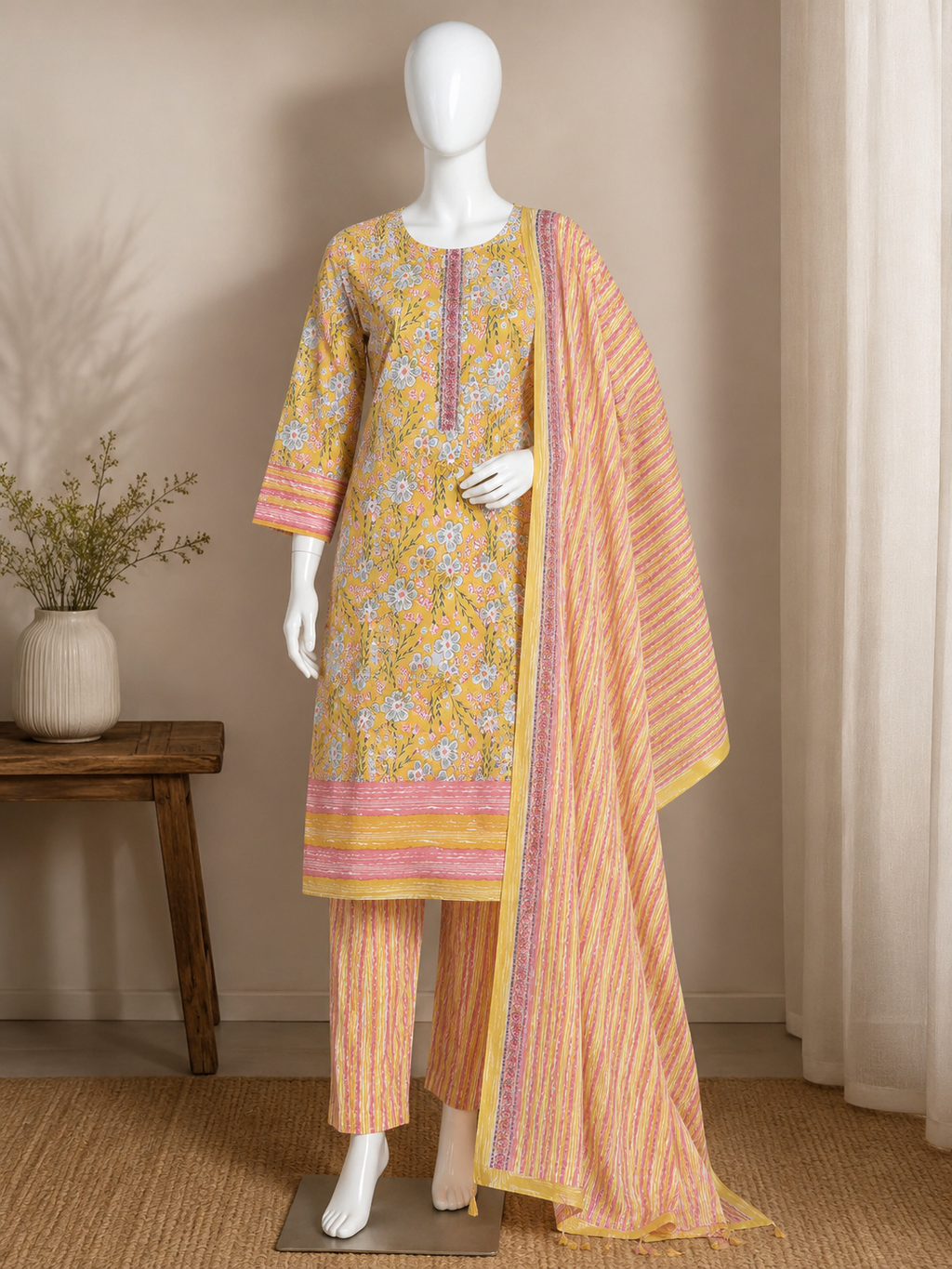 Yellow Floral Printed Pure Cotton Unstitched Suit Set with Striped Dupatta & Bottom