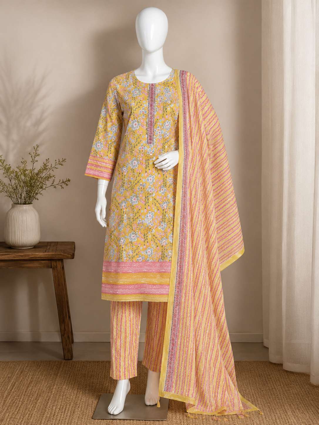 Yellow Floral Printed Pure Cotton Unstitched Suit Set with Striped Dupatta & Bottom