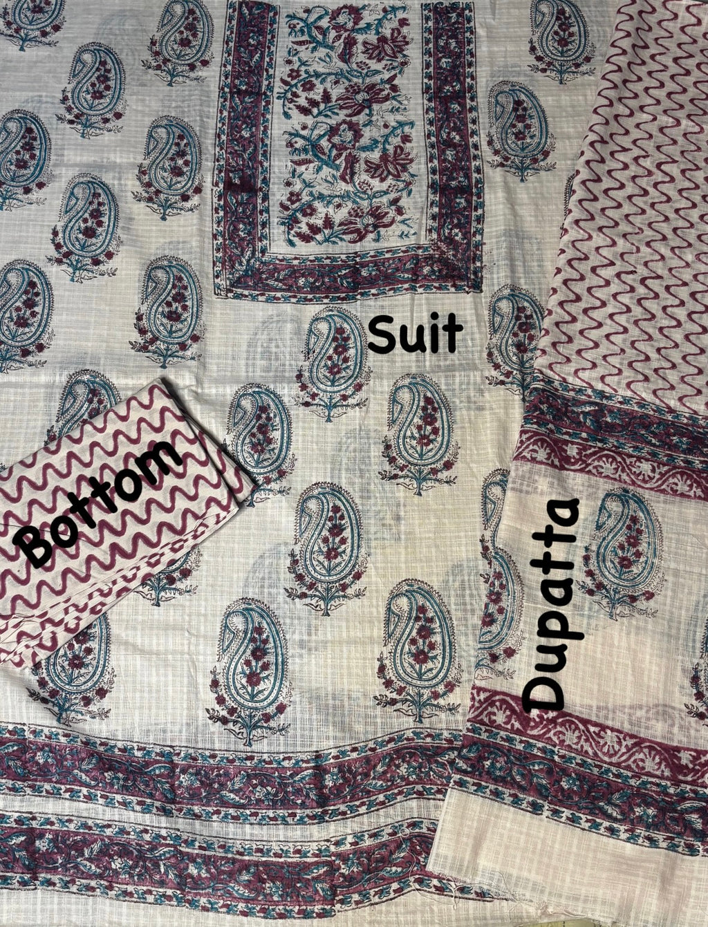 Off White Paisley Hand Block Cotton Unstitched Suit Set