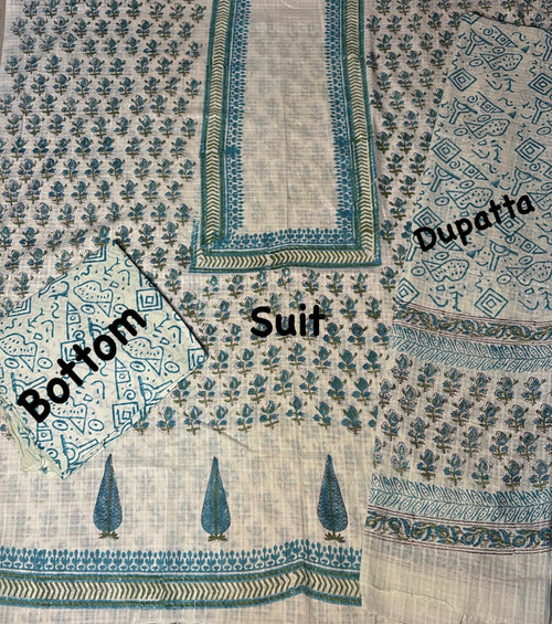 Blue Floral Hand Block Cotton Unstitched Suit Set | Women's Ethnic Wear