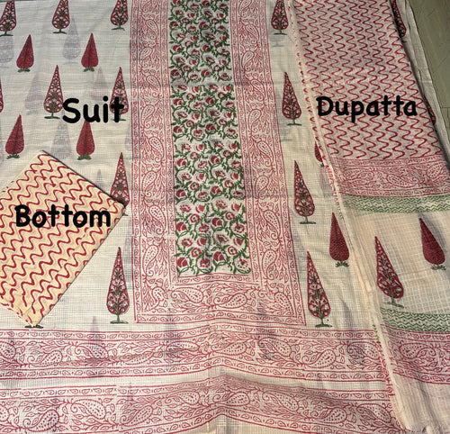 Cream Red Hand Block Cotton Unstitched Suit Set | Floral Print