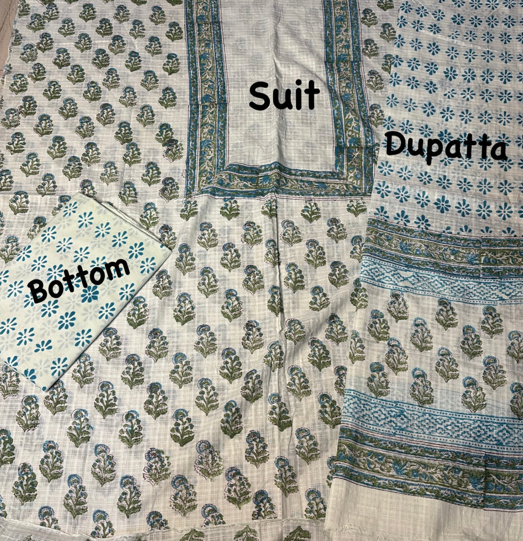 Blue Floral Hand Block Cotton Unstitched Suit Set