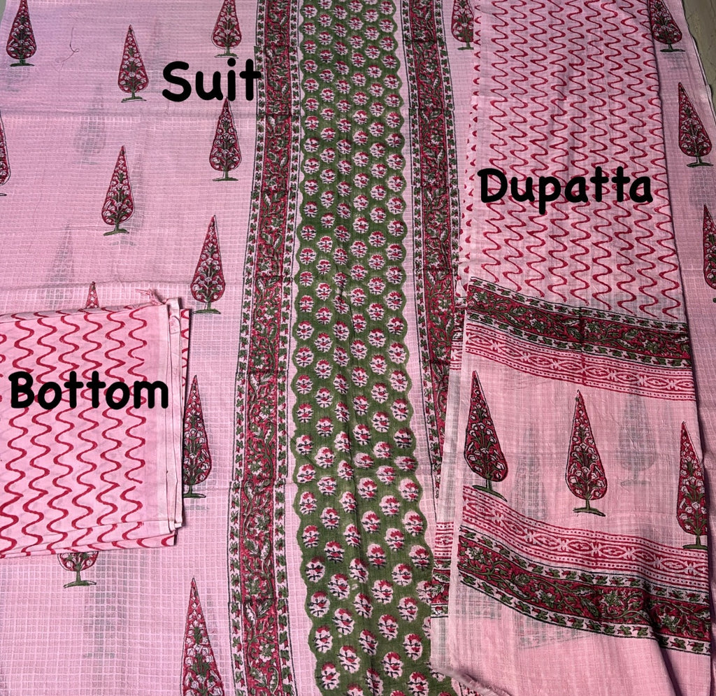 Hand Block Printed Unstitched Cotton Suit Set with Dupatta – Pink