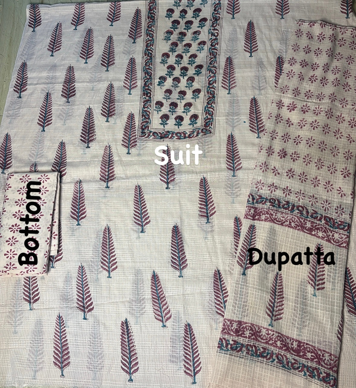 Off White & Maroon Hand Block Printed Cotton Unstitched Suit Set