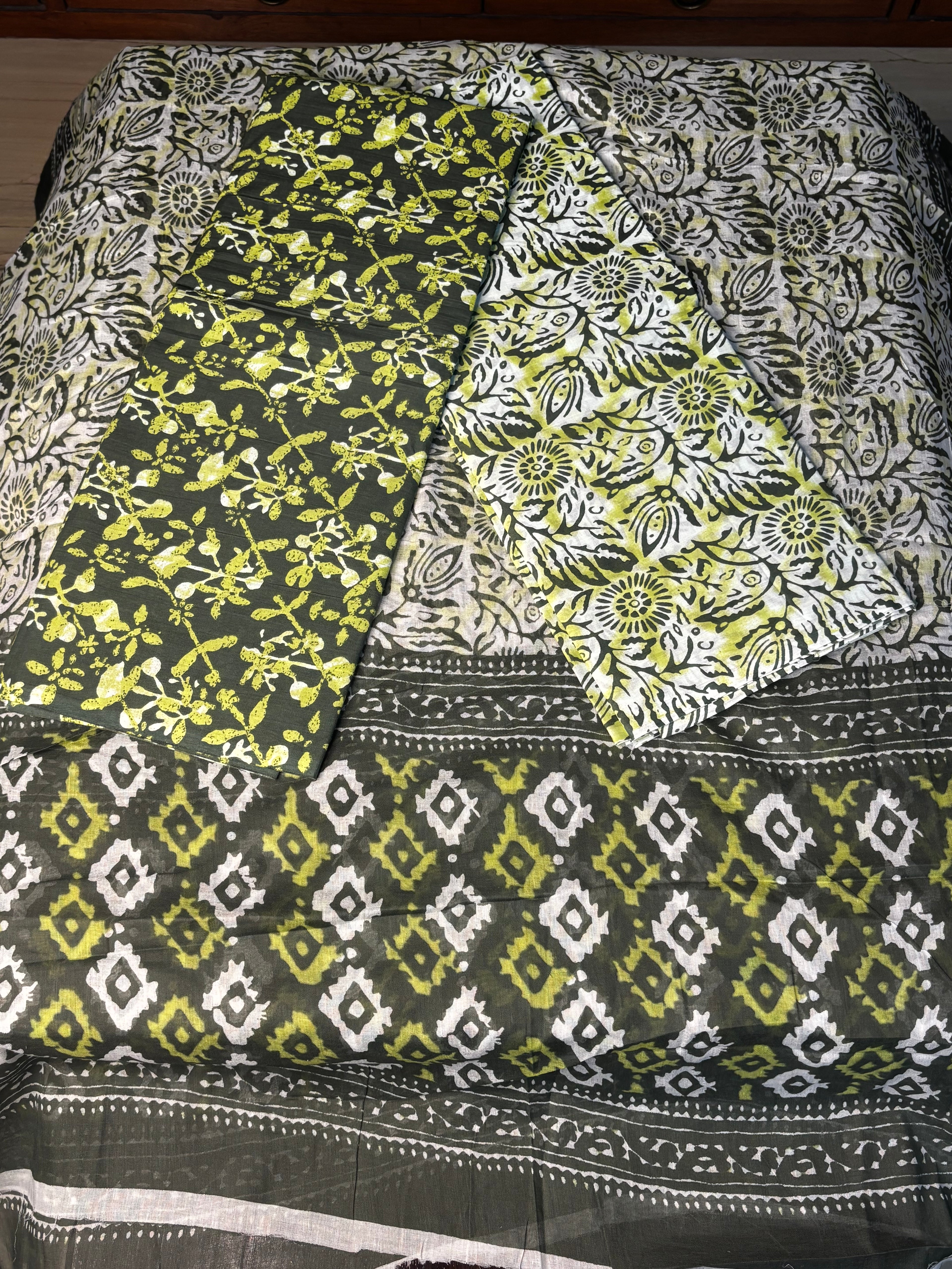 Olive Green Floral Printed Cotton Unstitched Suit with Cotton Dupatta