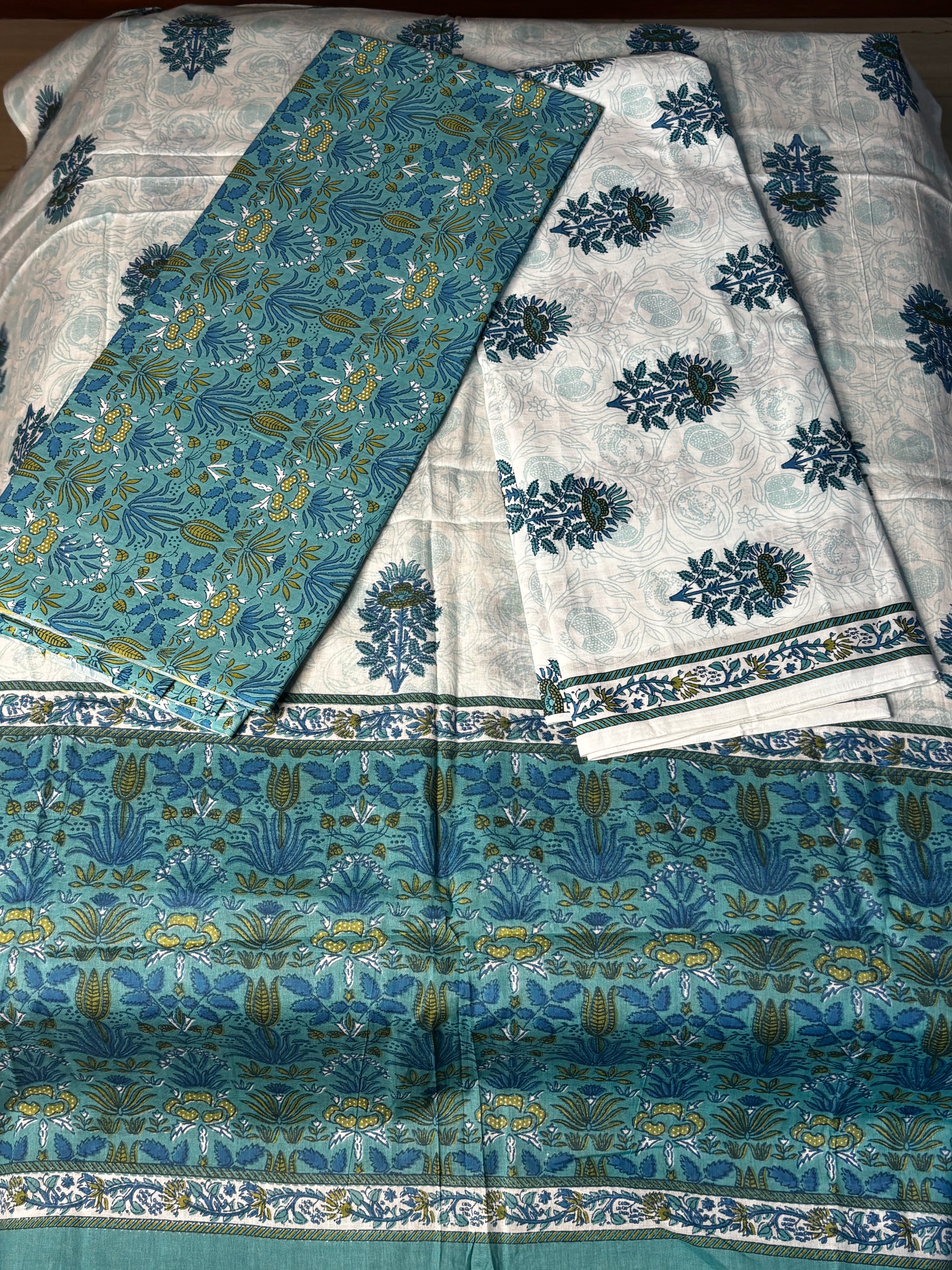 Elegant Blue Floral Hand Block Print Cotton Unstitched Suit with Dupatta