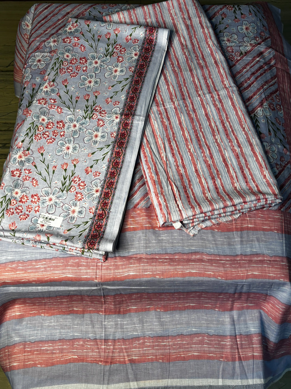 Elegant Grey & Pink Floral Cotton Unstitched Suit Set with Striped Dupatta