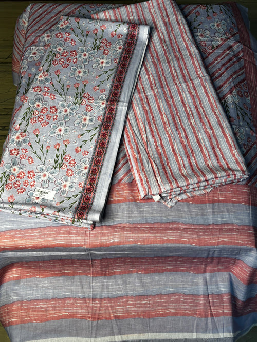 Elegant Grey & Pink Floral Cotton Unstitched Suit Set with Striped Dupatta