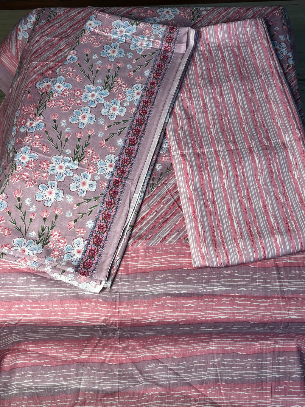 Elegant Pink Floral Cotton Unstitched Suit Set with Striped Bottom & Dupatta