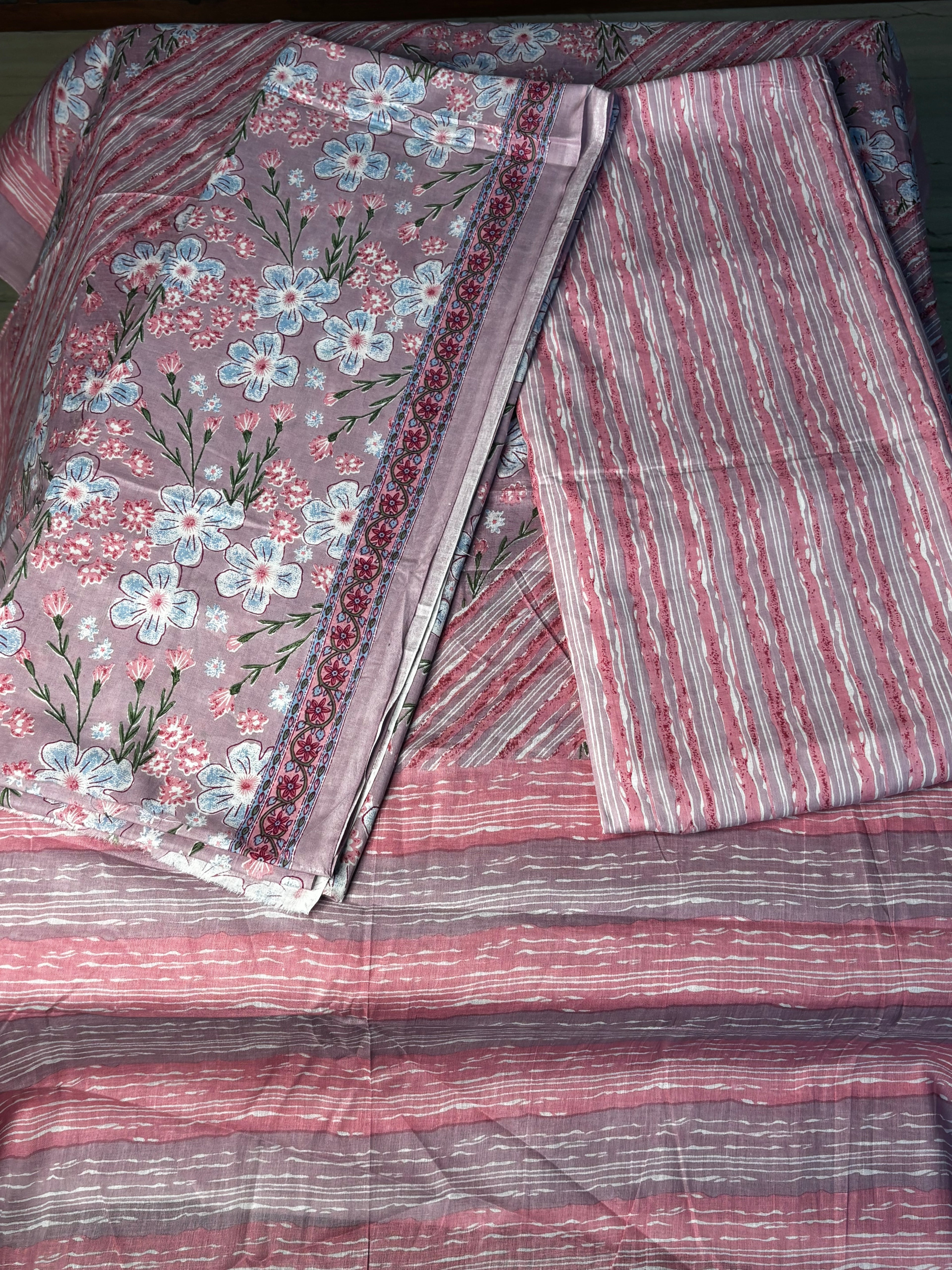 Elegant Pink Floral Cotton Unstitched Suit Set with Striped Bottom & Dupatta