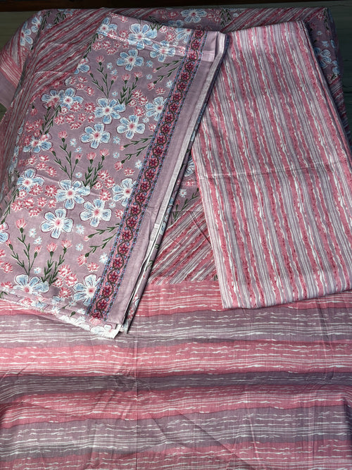 Elegant Pink Floral Cotton Unstitched Suit Set with Striped Bottom & Dupatta