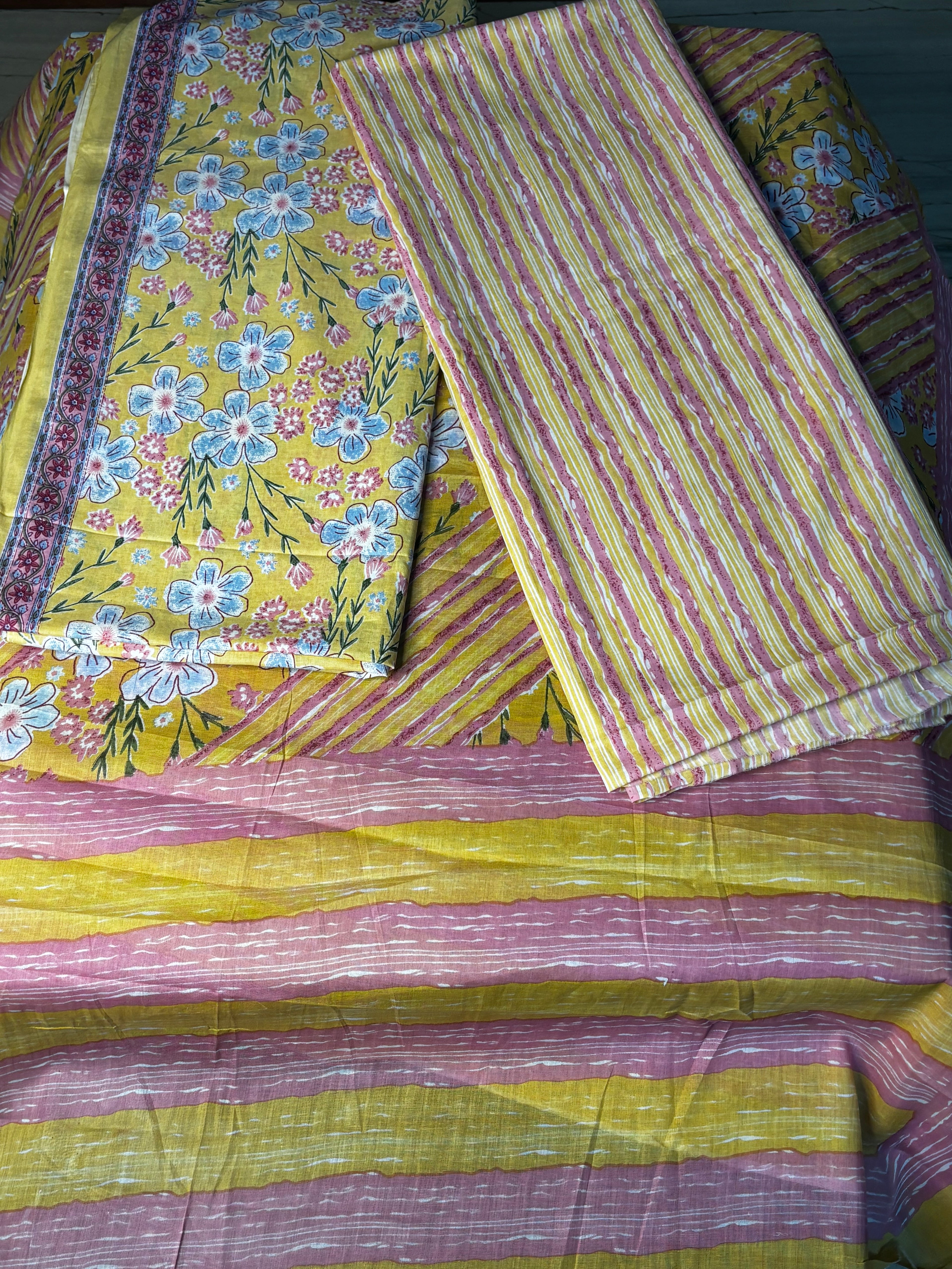 Yellow Floral Printed Pure Cotton Unstitched Suit Set with Striped Dupatta & Bottom