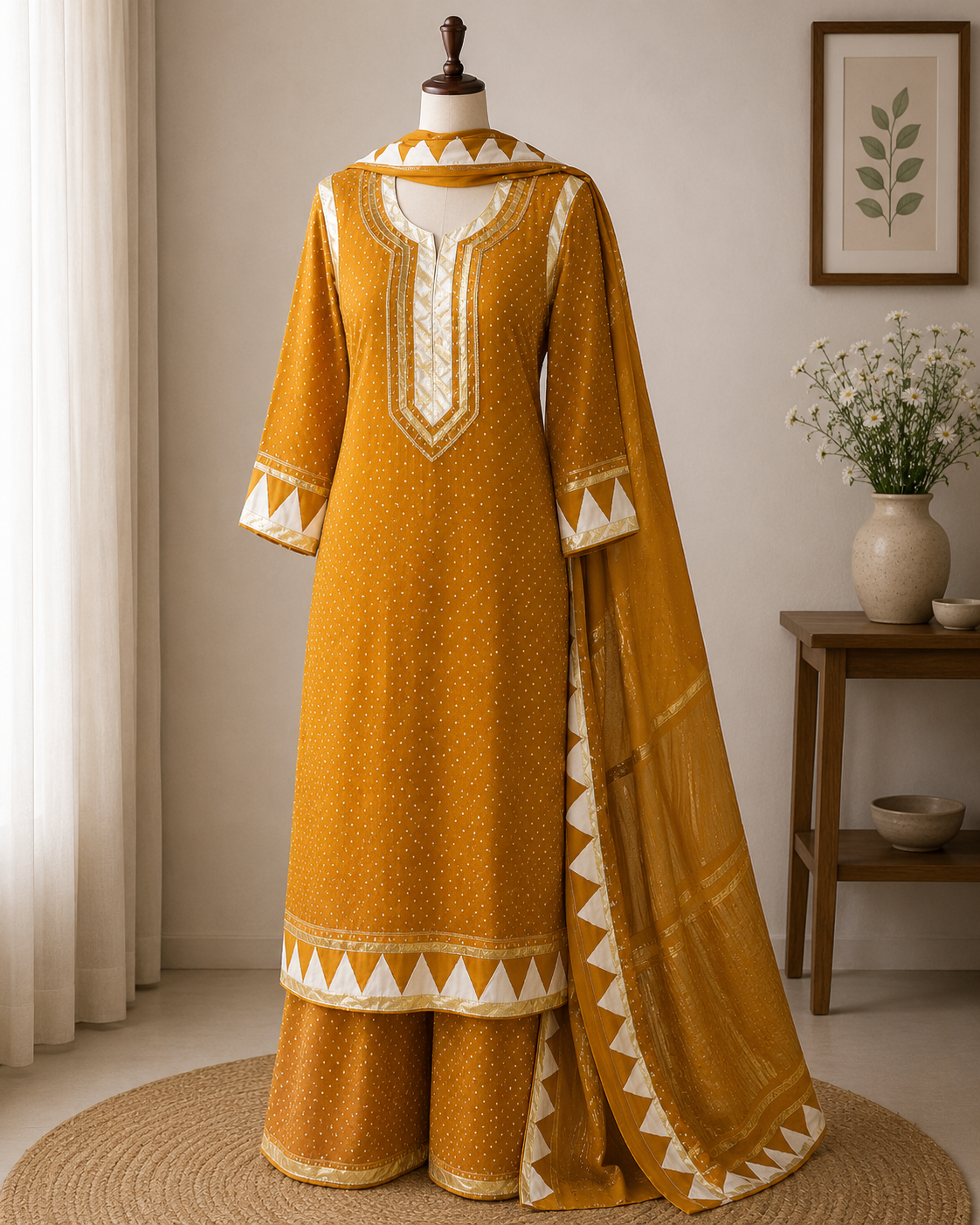Mustard Gold Hand Block Unstitched Suit | 5m Fabric + 2.5m Dupatta